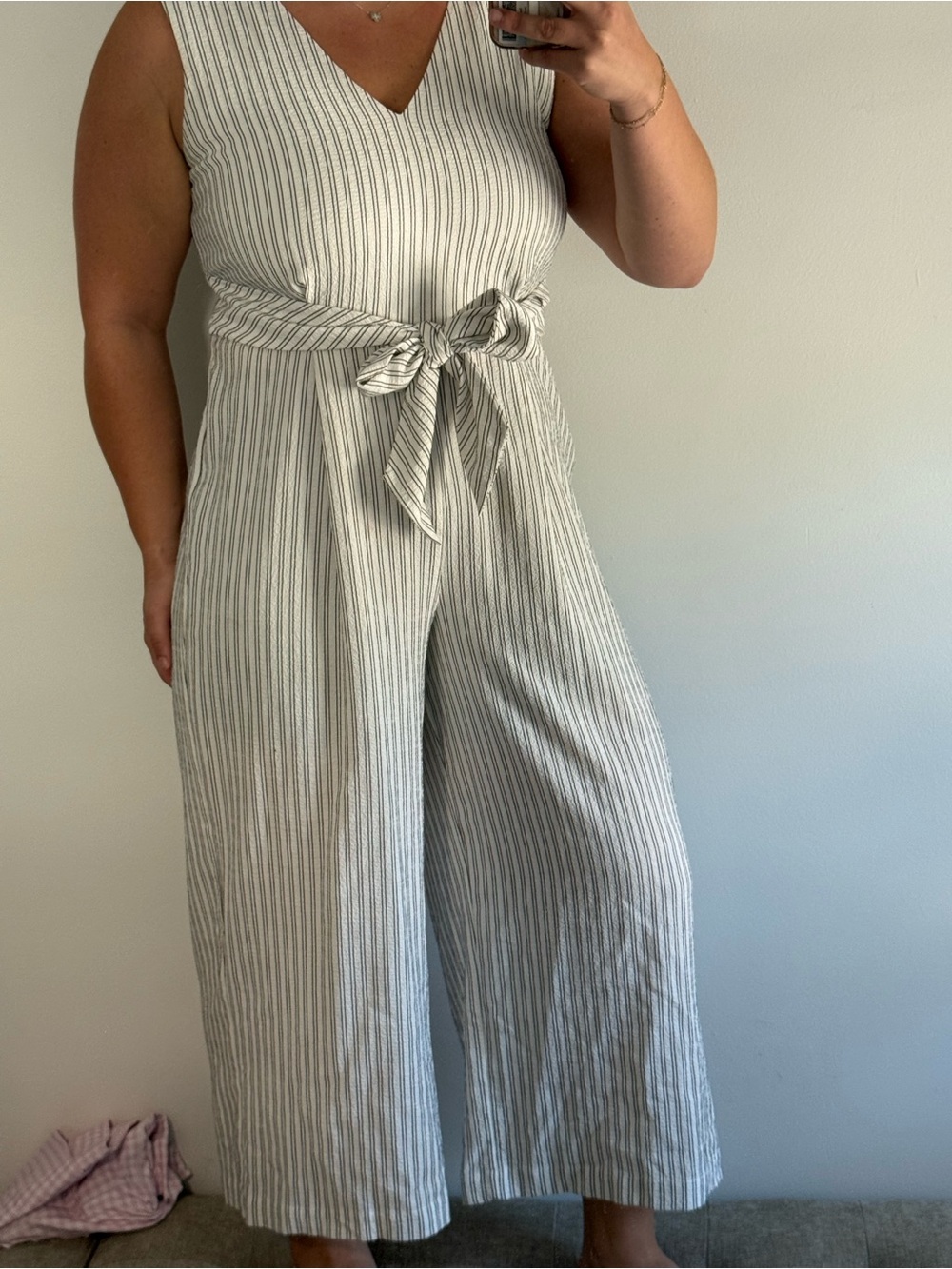 Calvin Klein White and Gray Striped V-Neck Sleeveless Jumpsuit with Waist Tie